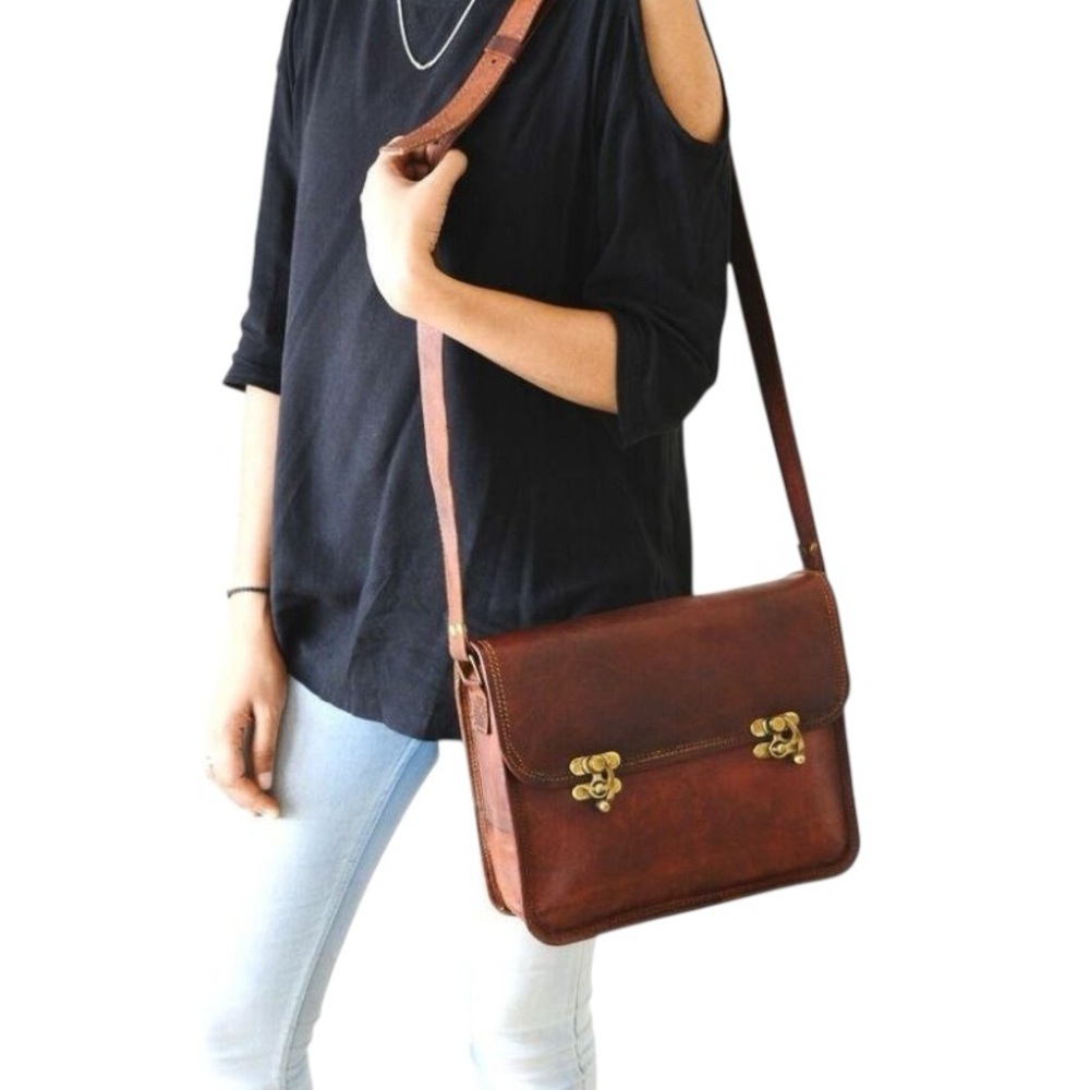 Brown Leather Handmade Rustic Messenger Saddle Crossbody Shoulder Bag